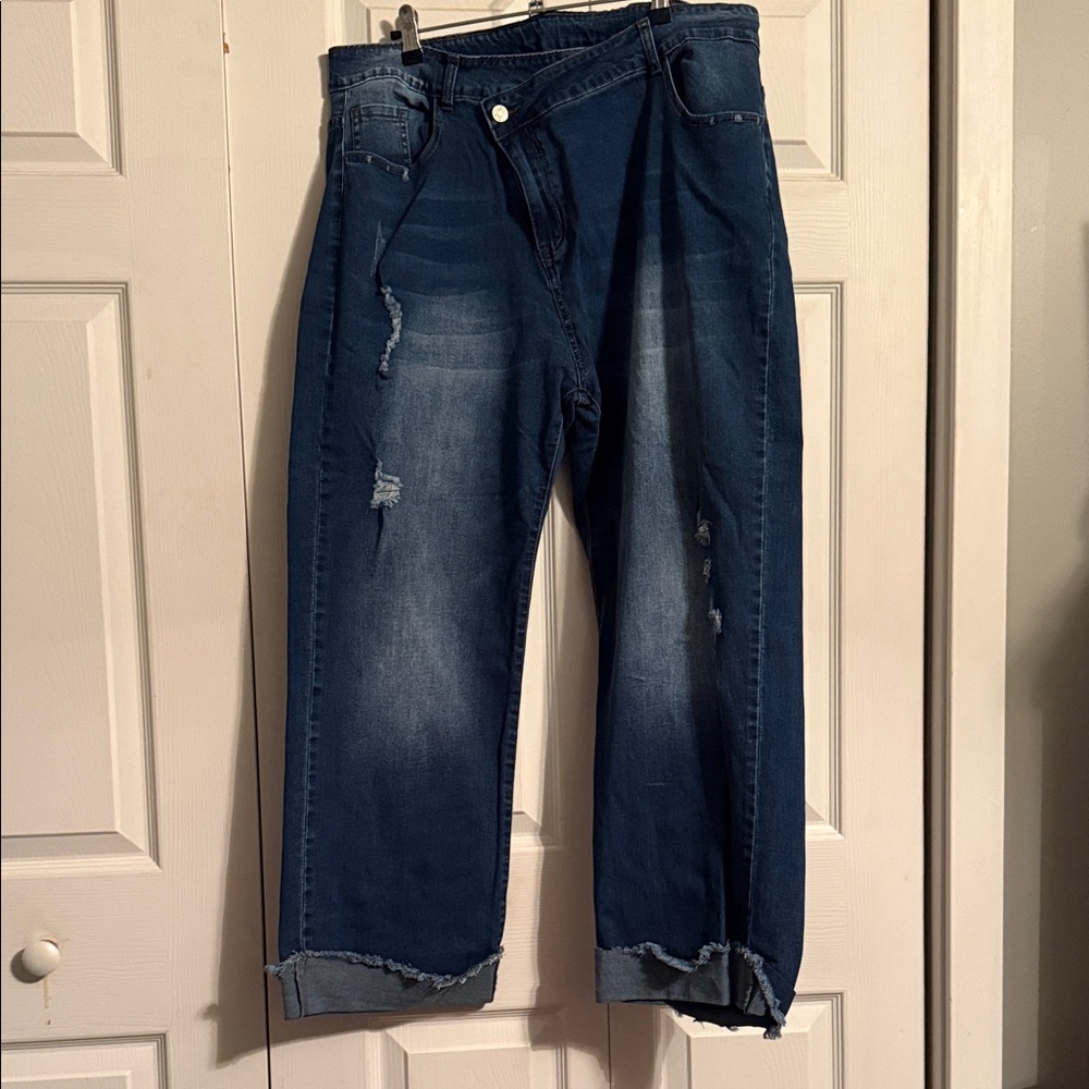 Amazon Criss Cross Waist Women's Distressed Boyfriend Jeans - Dark Blue